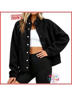 Sherpa Fleece Jacket Button Coat with Pockets Cropped